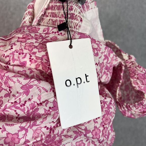 O.P.T Pink Floral Square Neck Short Puff Sleeve Midi Dress Size Small - Picture 10 of 11